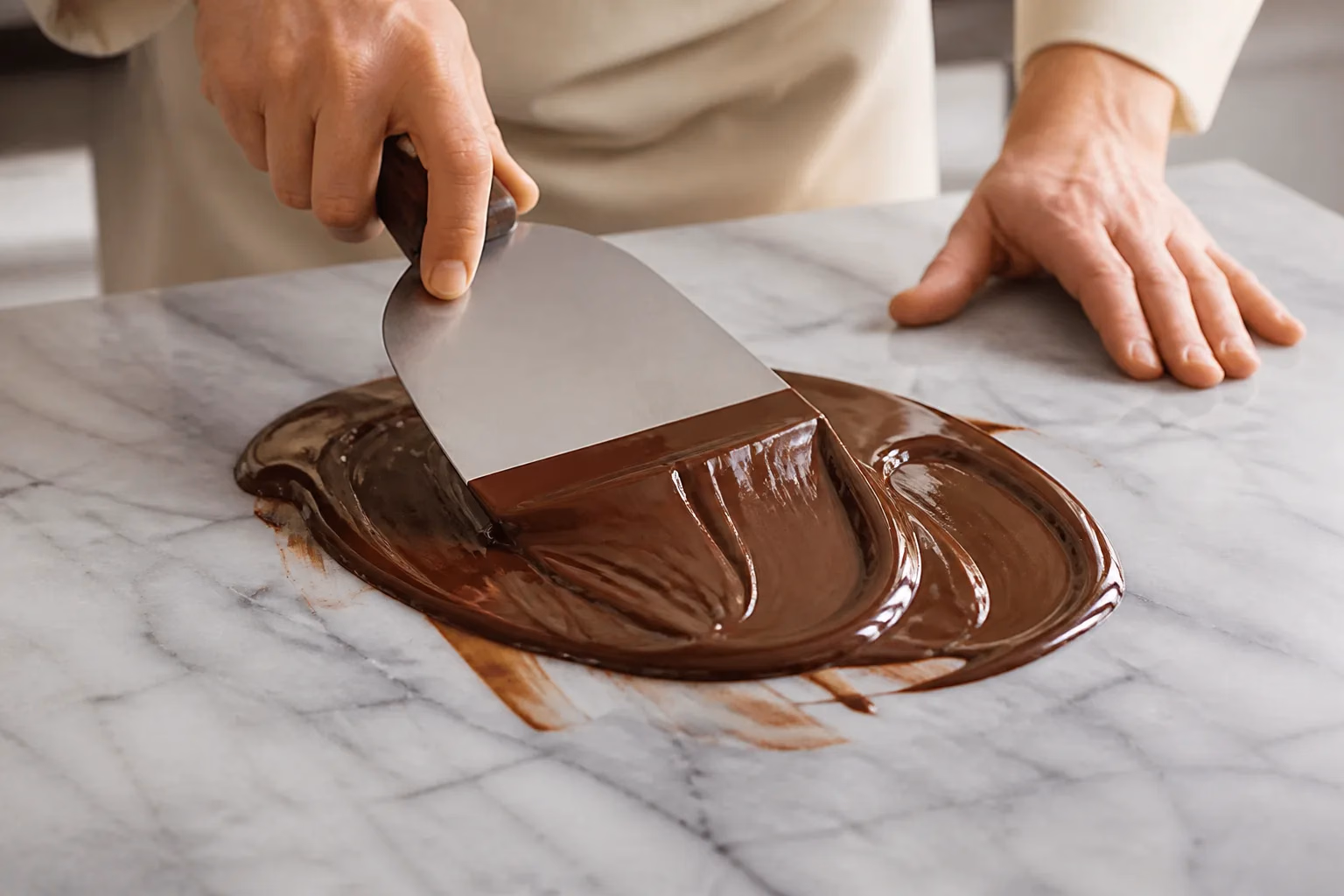 Hands working chocolate during a demonstration